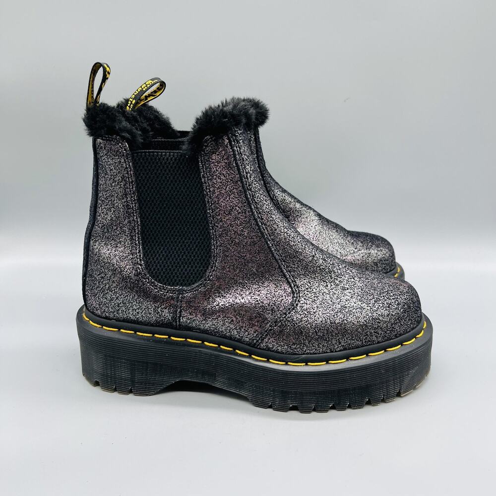 Dr Martens Boots Womens 7 Silver Leather Fur Lined Platform‎ Chelsea Ankle